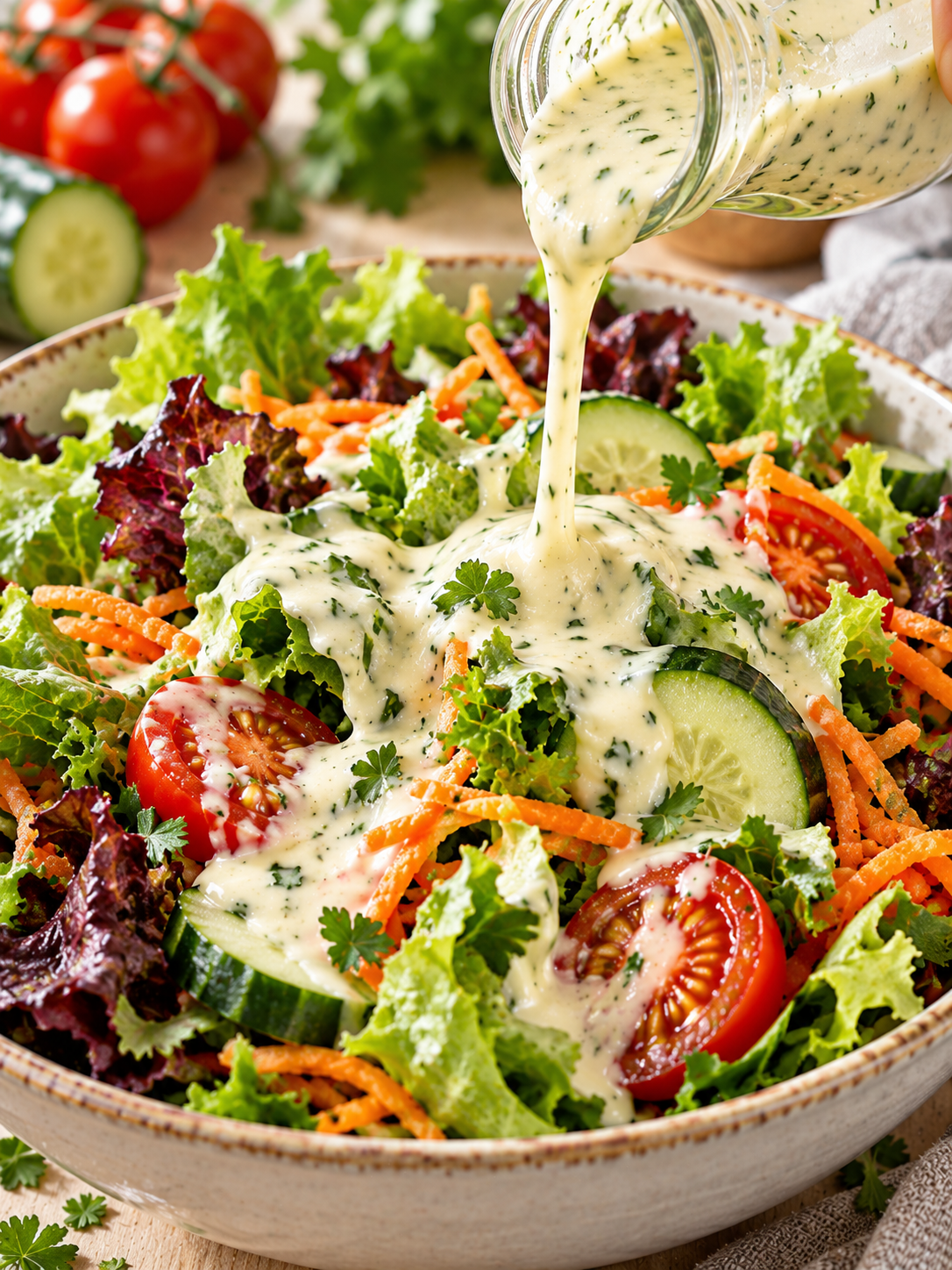 Helle Restaurant-Salatsauce ueber buntem Blattsalat