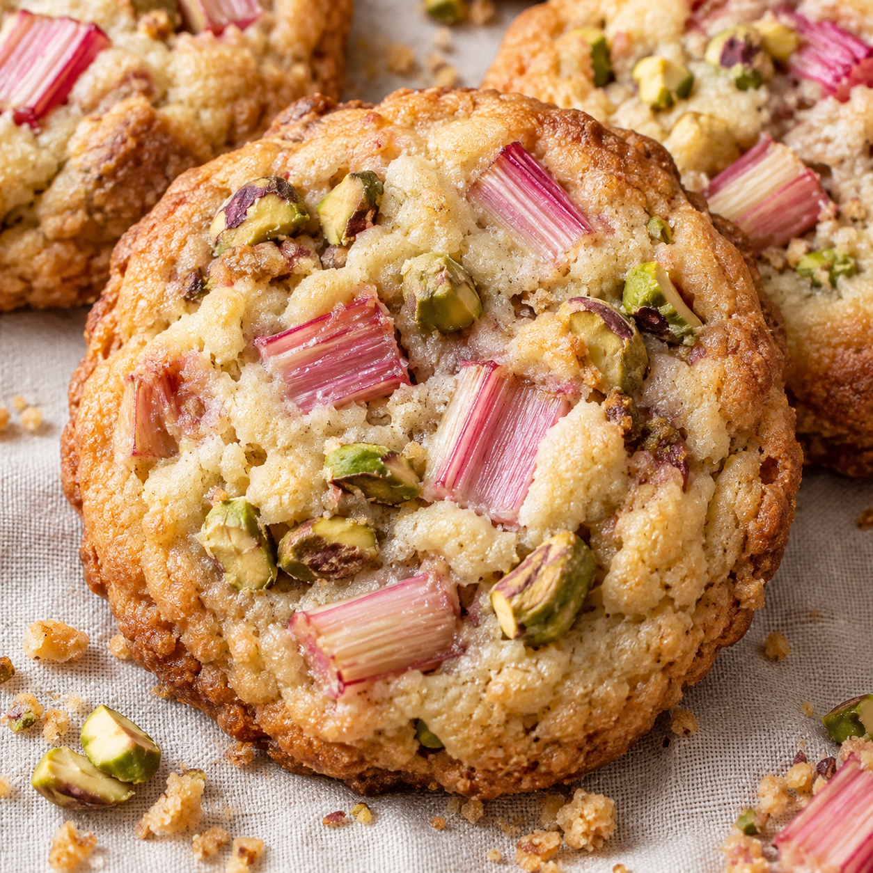Rhabarber-Cookies mit Pistazien auf hellem Leinen