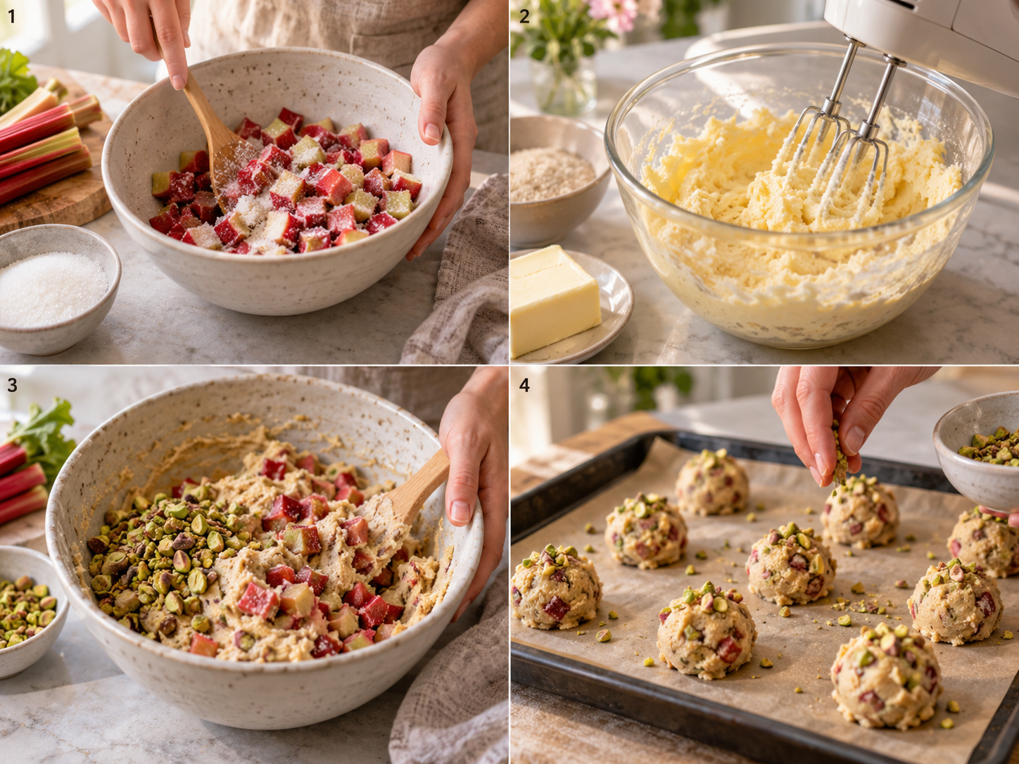 Vier Schritte für Rhabarber-Cookies mit Pistazien