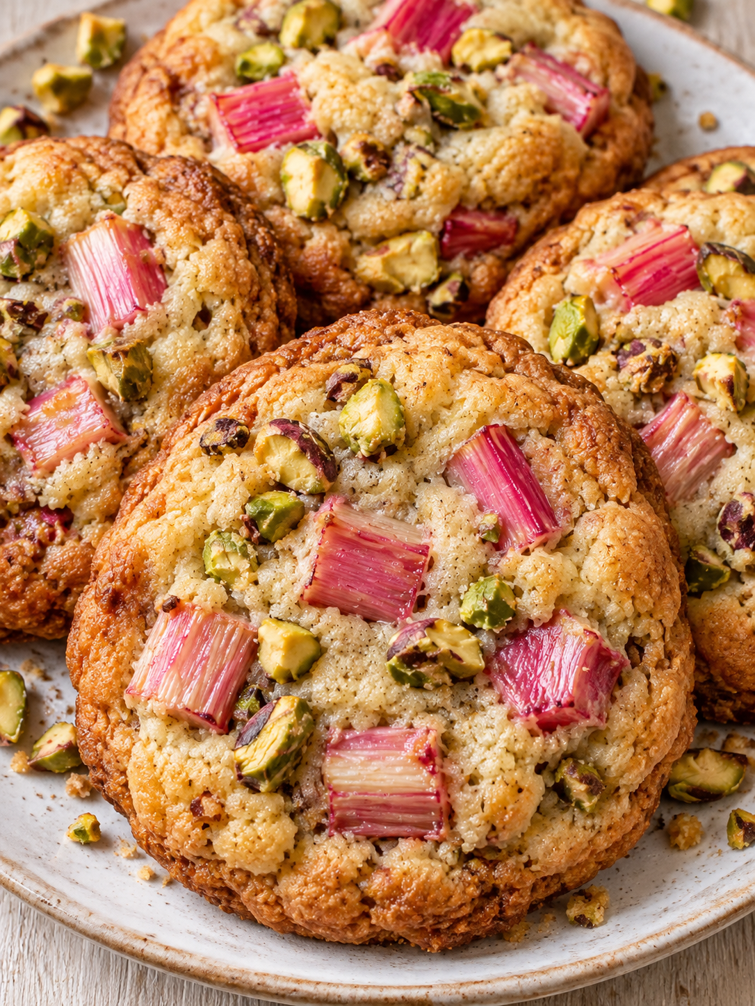 Rhabarber-Cookies mit Pistazien auf hellem Teller