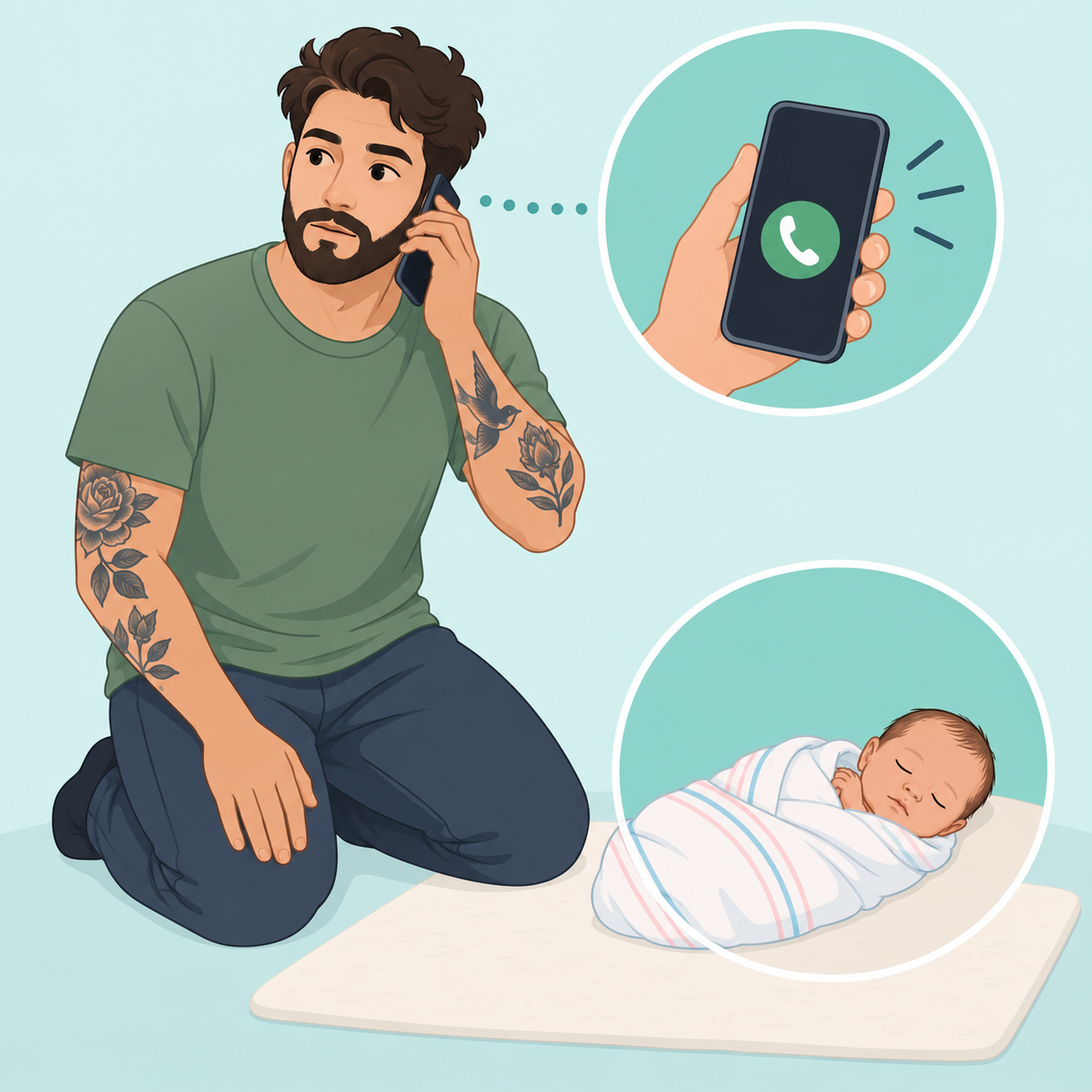 Ruhige Person ruft Hilfe, während ein Baby sicher abgelegt ist.