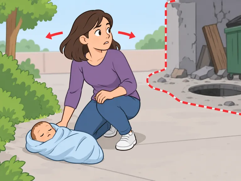 Eine Person prüft die Umgebung, bevor sie einem Baby hilft.