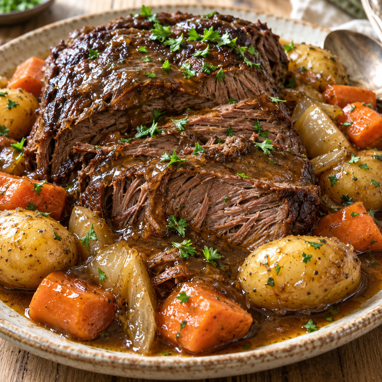 Rinderschmorbraten mit Kartoffeln, Karotten und brauner Soße