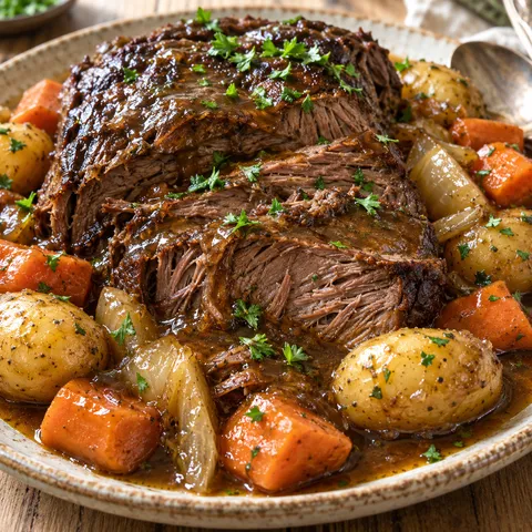 Rinderschmorbraten mit Kartoffeln, Karotten und brauner Soße