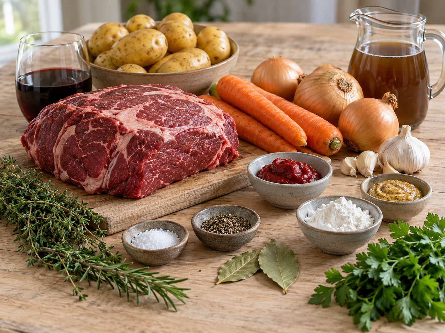 Zutaten für Rinderschmorbraten mit Kartoffeln und Karotten