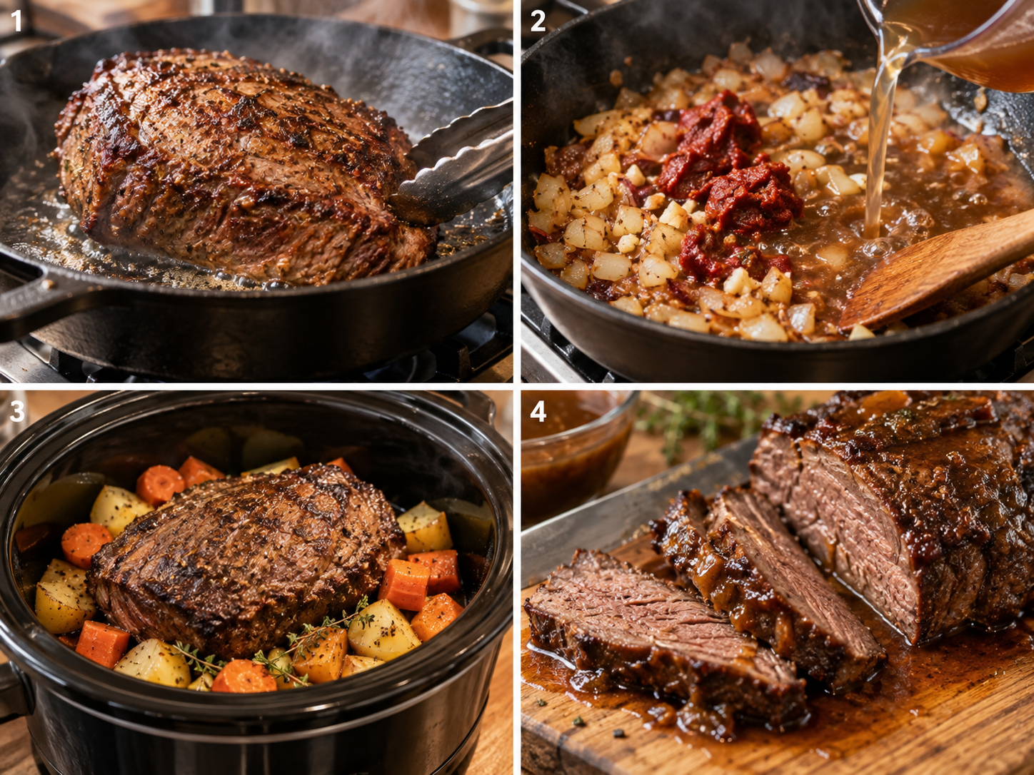 Vier Schritte für Rinderschmorbraten aus dem Slow Cooker