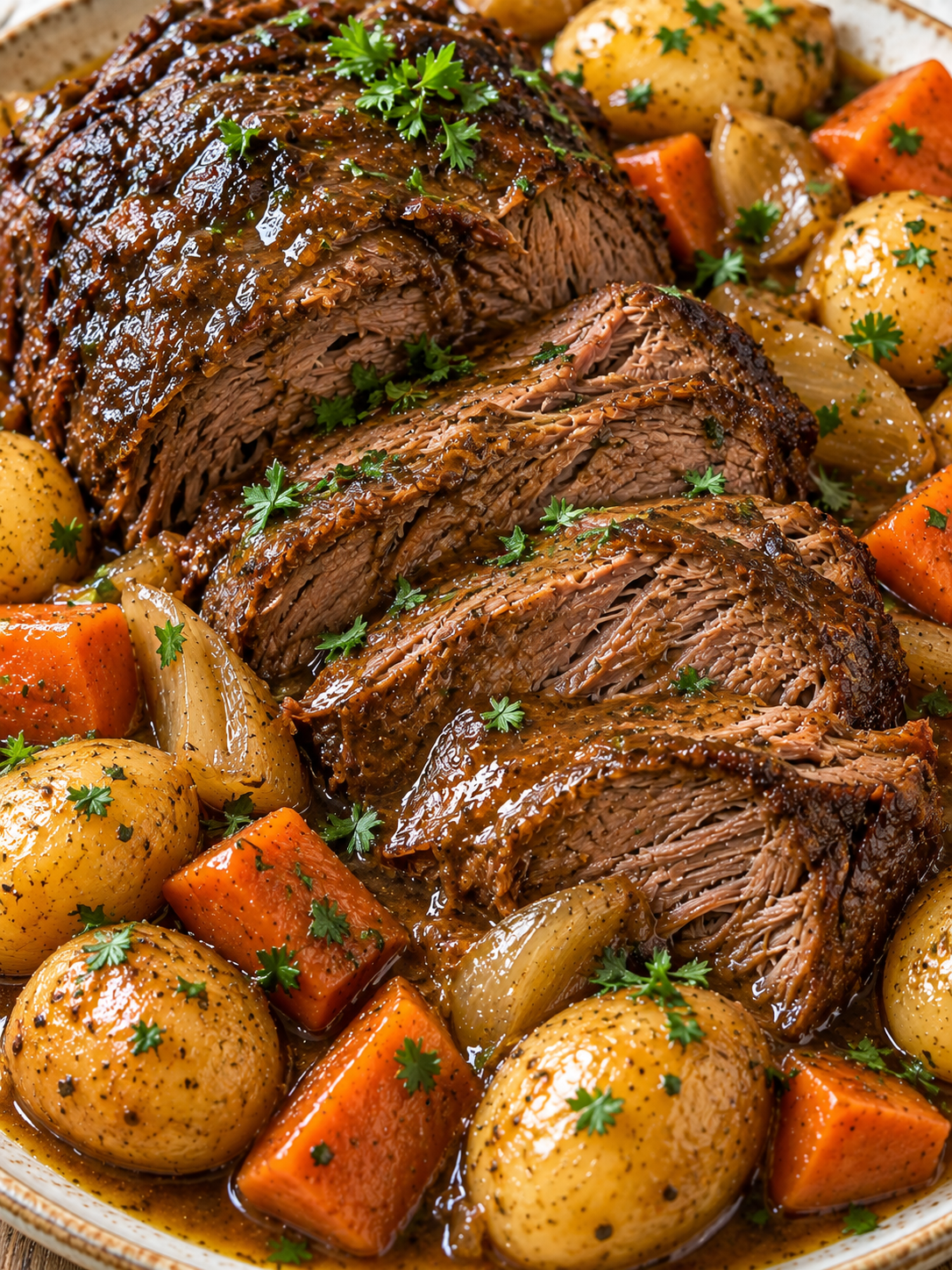 Aufgeschnittener Rinderschmorbraten mit Gemüse und brauner Soße