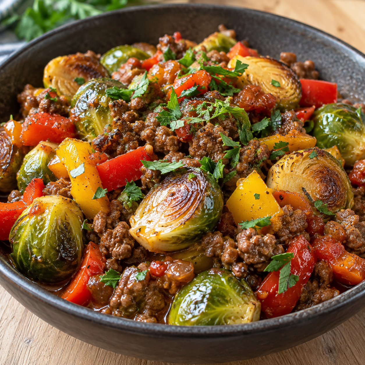 Rosenkohl-Hackfleisch-Pfanne mit Paprika und Petersilie