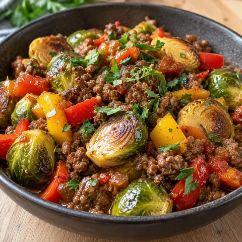 Rosenkohl-Hackfleisch-Pfanne mit Paprika und Petersilie