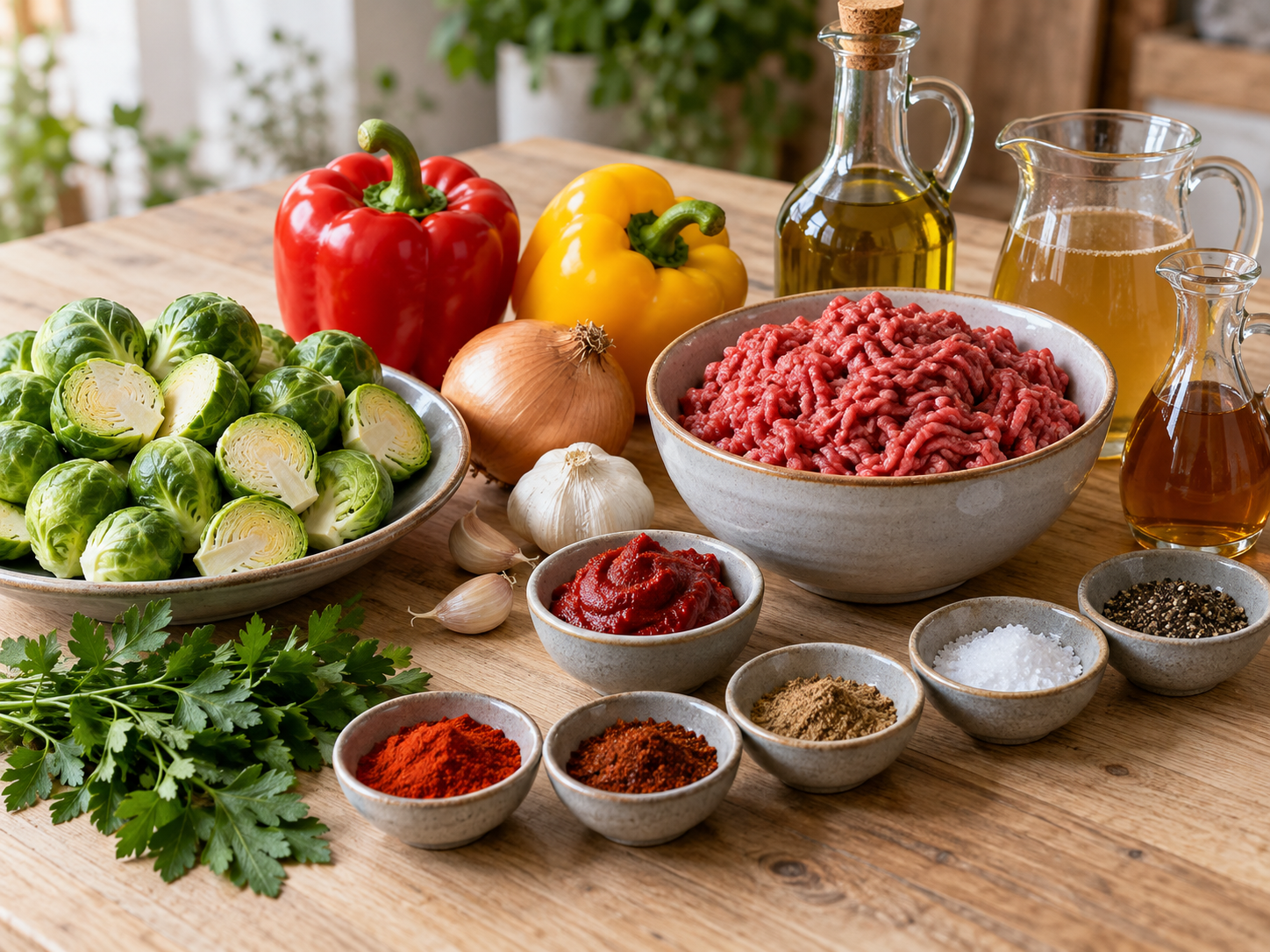 Zutaten für Rosenkohl-Hackfleisch-Pfanne mit Paprika