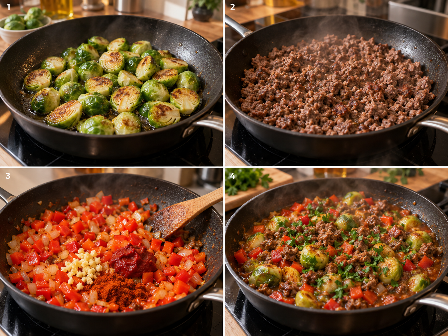 Vier Schritte für Rosenkohl-Hackfleisch-Pfanne mit Paprika