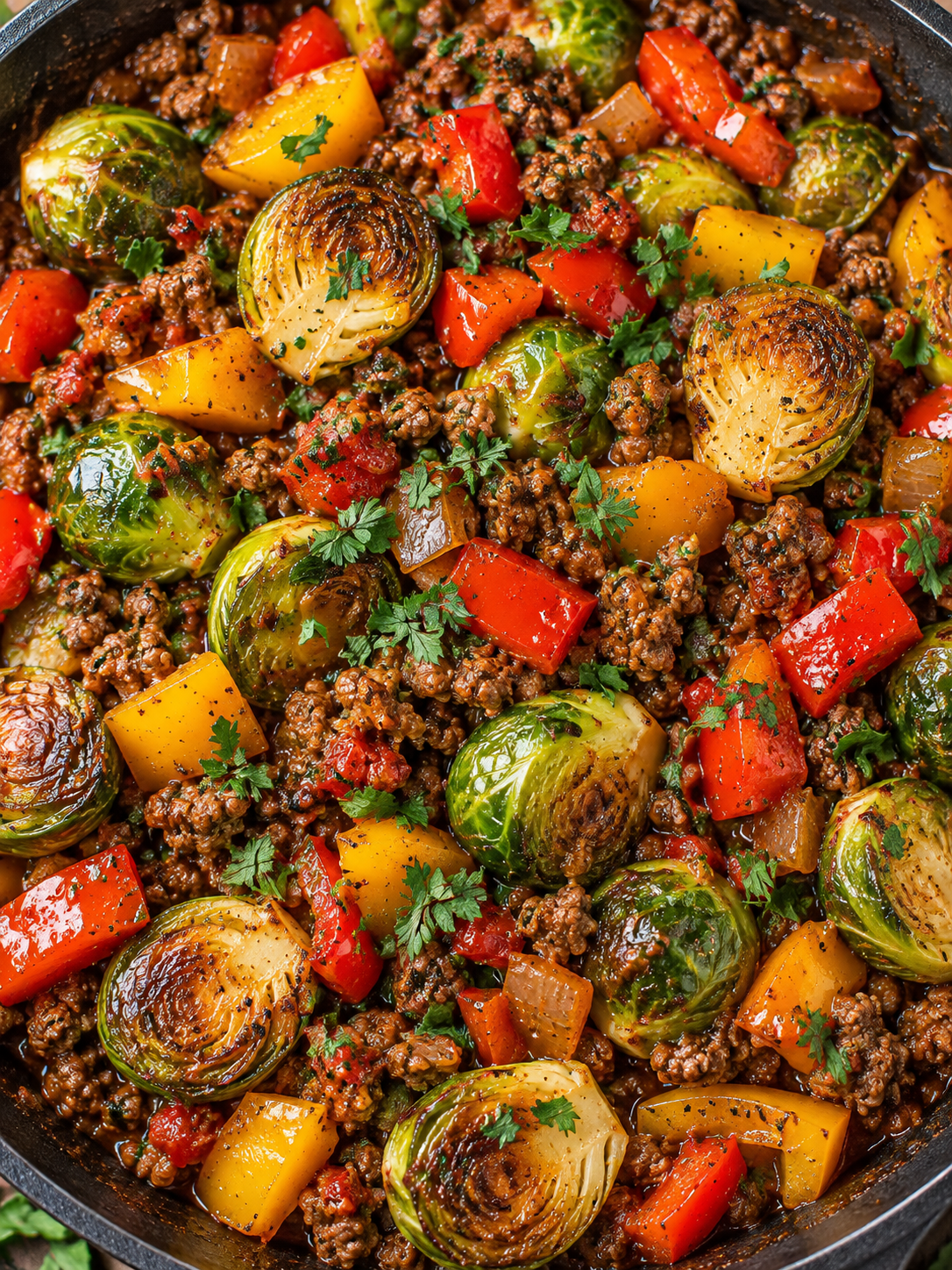 Rosenkohl-Hackfleisch-Pfanne mit Paprika von oben