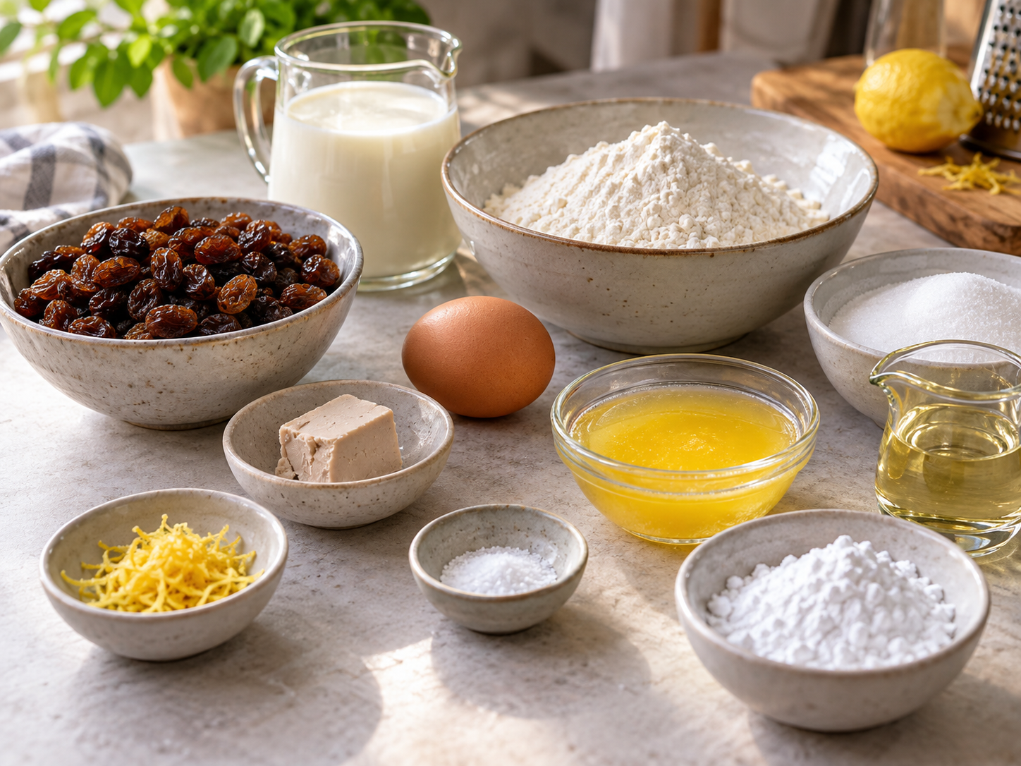 Zutaten für Rosinen-Pfannenküchlein mit Mehl, Milch, Hefe und Rosinen