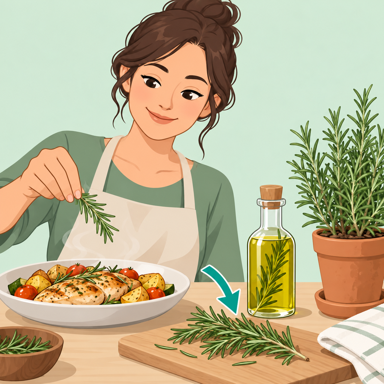 Illustration einer Person, die Rosmarin als Küchenkraut und Duftpflanze bewusst nutzt.