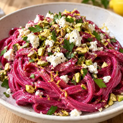 Rote-Bete-Pasta mit Feta, Pistazien und Petersilie in einer hellen Schale
