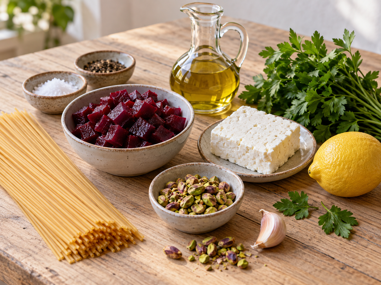 Zutaten für Rote-Bete-Pasta mit Feta, Pistazien, Zitrone und Kräutern
