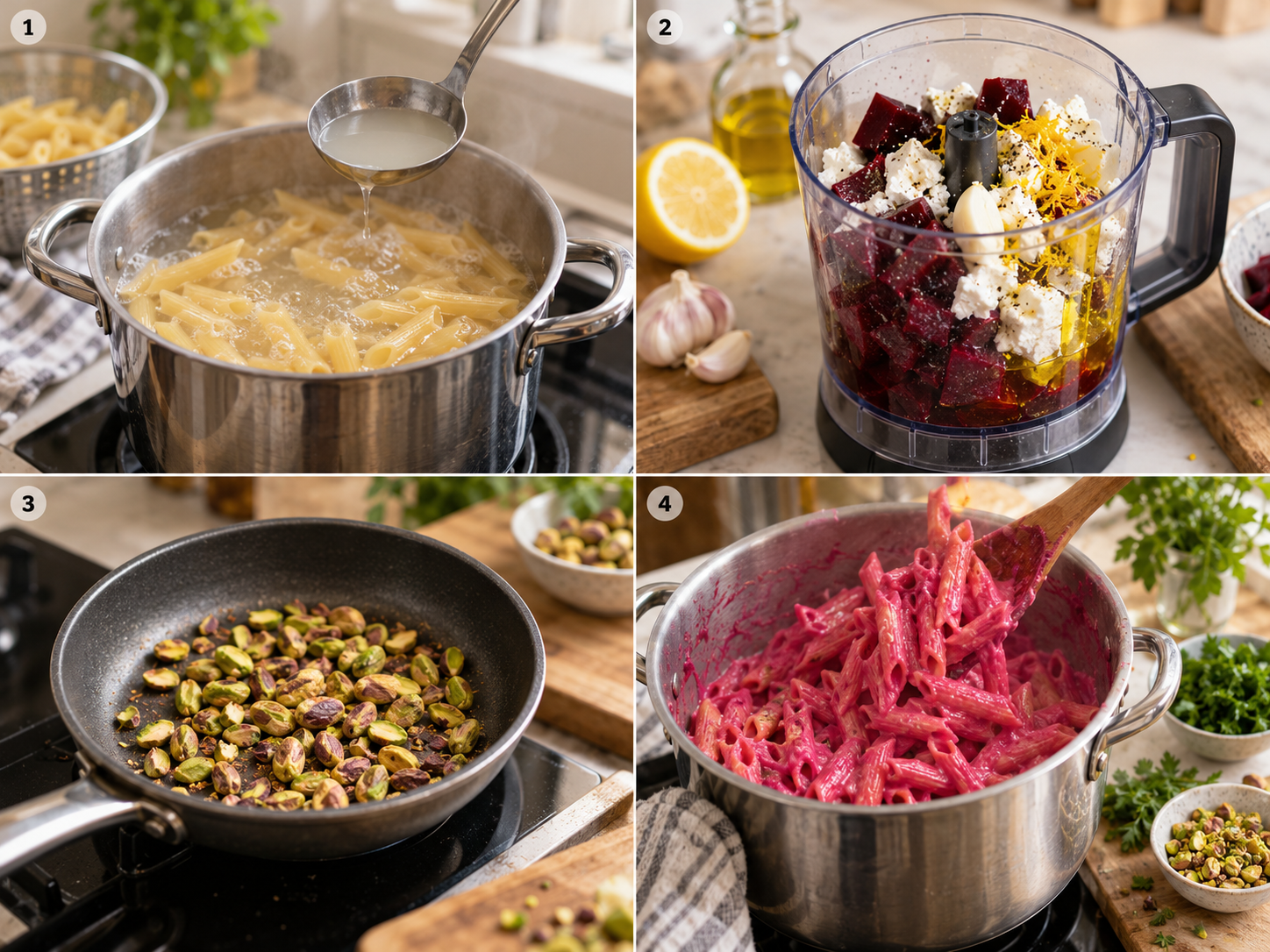 Vier Schritte für Rote-Bete-Pasta vom Kochen bis zum Schwenken