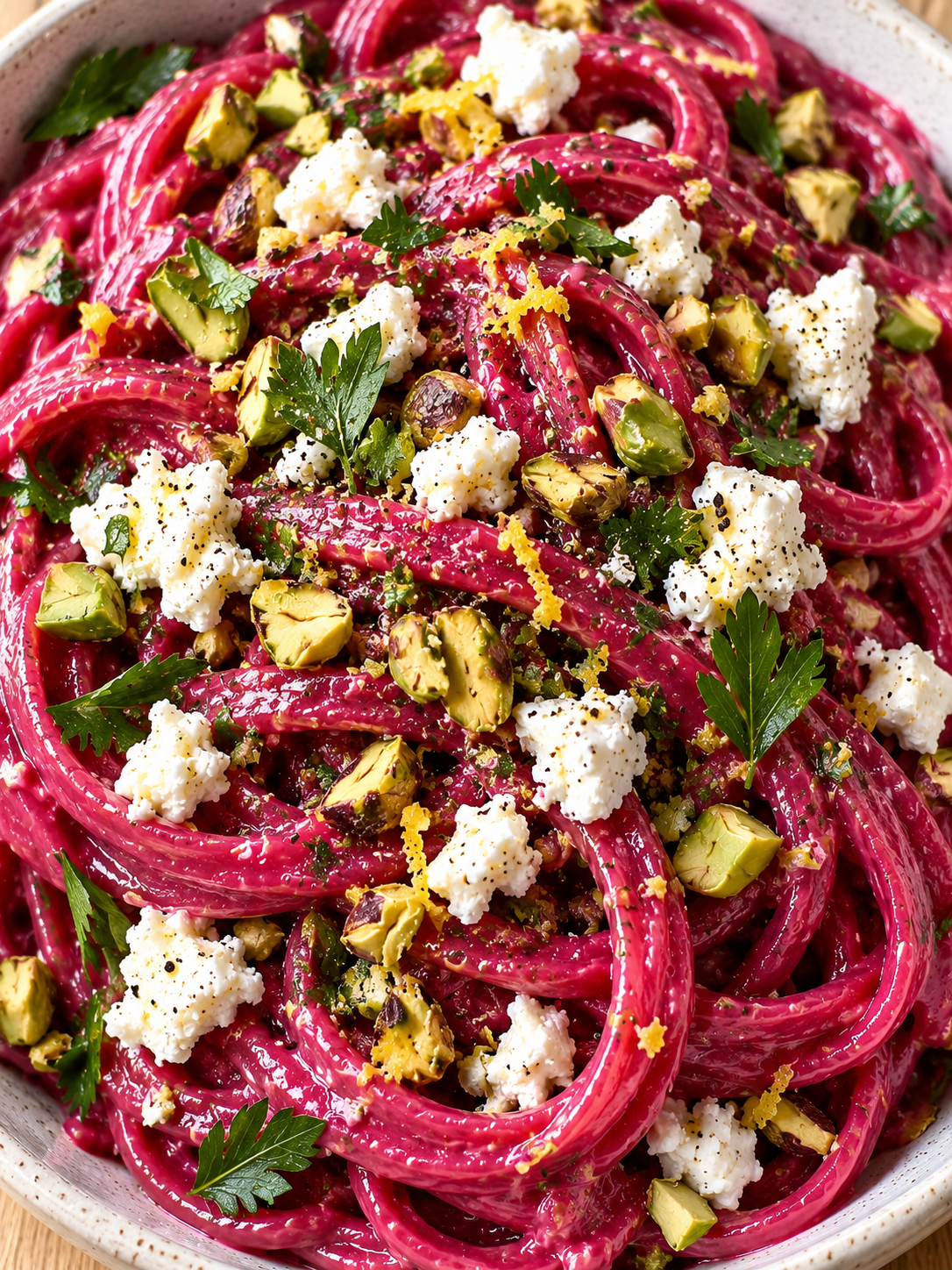 Pinke Rote-Bete-Pasta mit Feta, Pistazien und frischen Kräutern