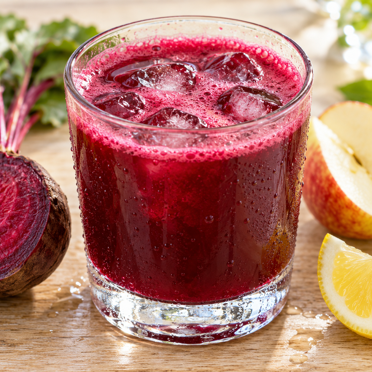 Purpurroter Rote-Bete-Saft im Glas mit pinkfarbenem Schaum