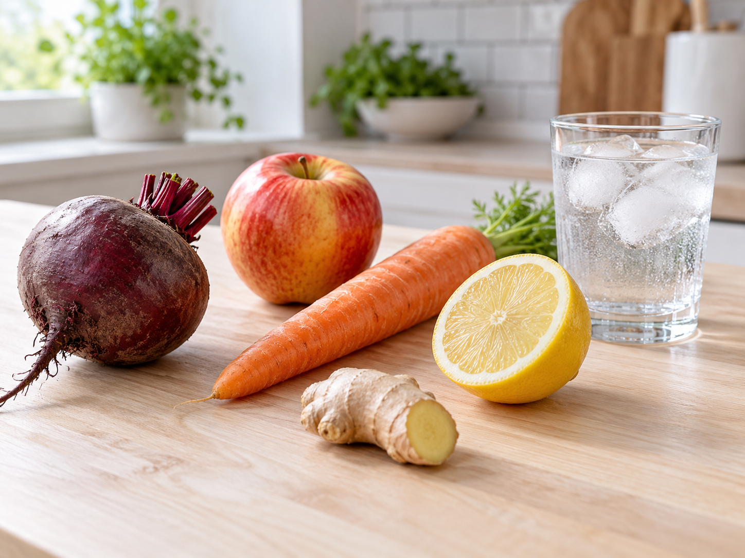 Zutaten für Rote-Bete-Saft mit Apfel, Karotte, Zitrone und Ingwer