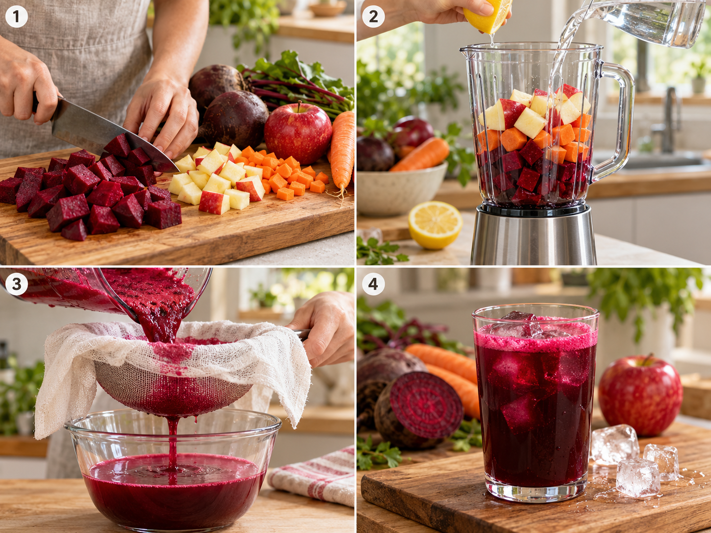 Vier Schritte für Rote-Bete-Saft vom Schneiden bis zum Glas