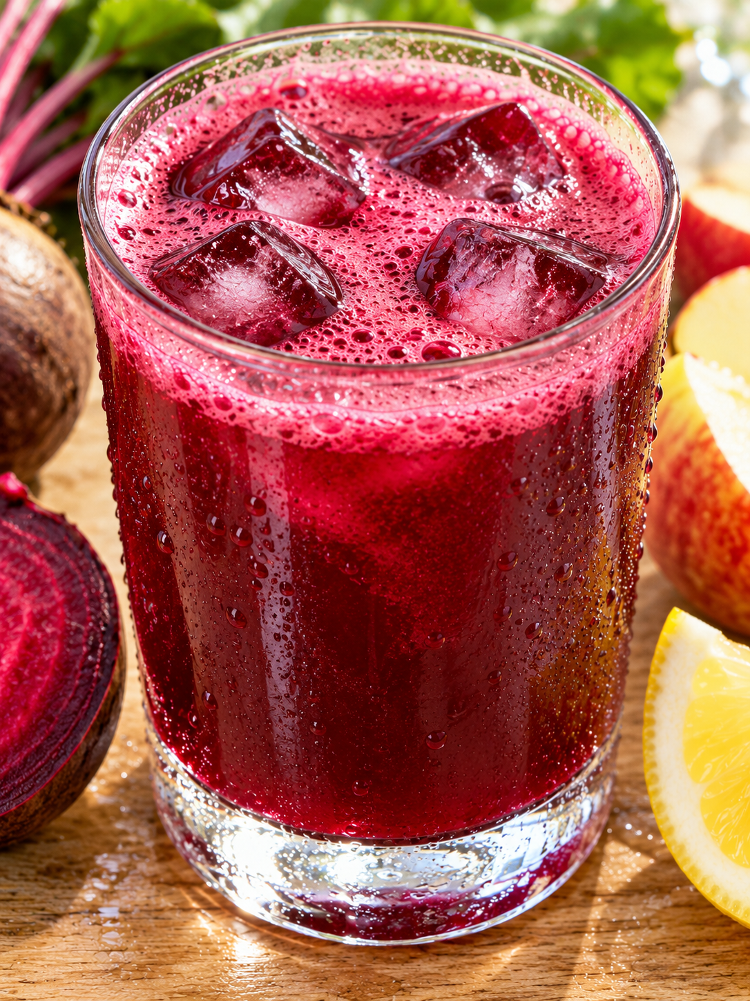 Purpurroter Rote-Bete-Saft mit Schaumrand und Eis im Glas