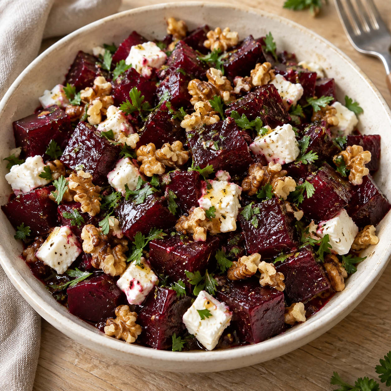 Rote-Bete-Salat mit weißen Fetawürfeln, gerösteten Walnüssen und Petersilie