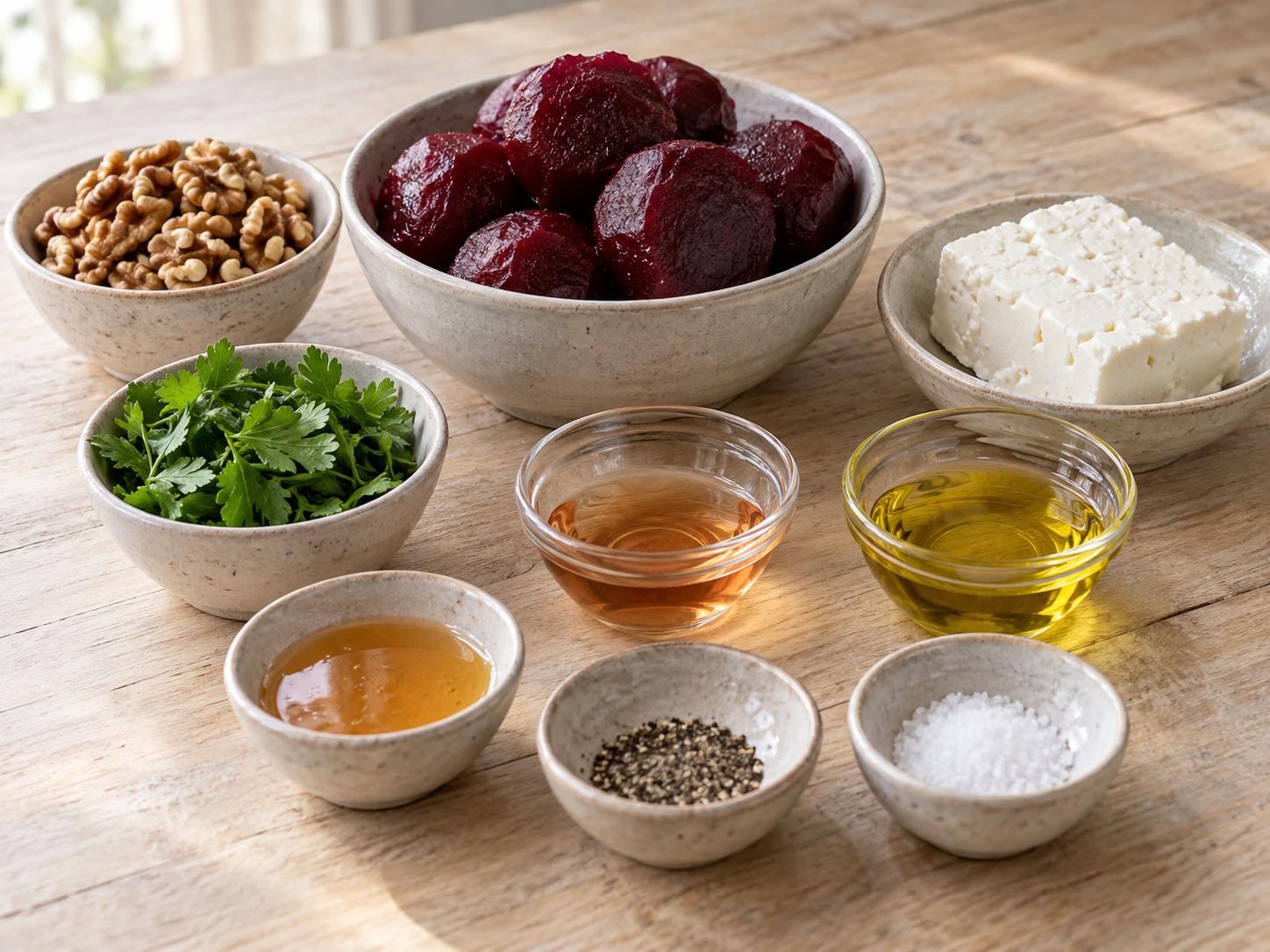 Gegarte Rote Bete, Feta, Walnüsse, Petersilie und Zutaten für das Honig-Essig-Dressing