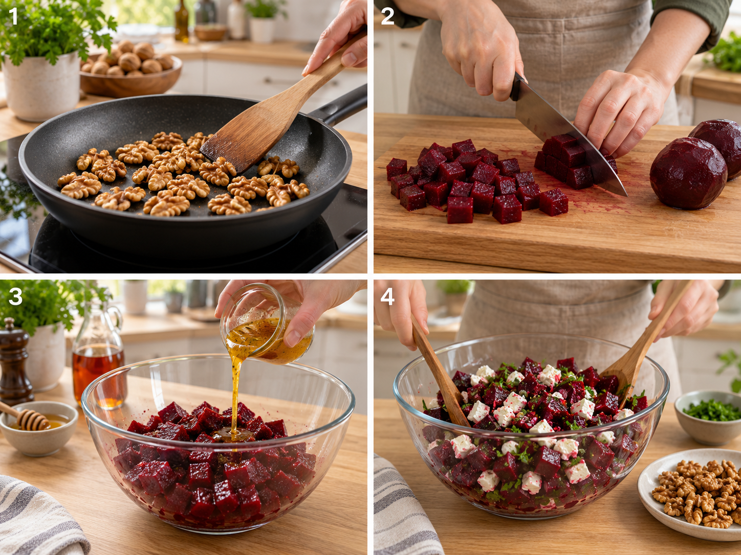 Walnüsse rösten, Rote Bete würfeln, Dressing zugeben und Feta vorsichtig unterheben