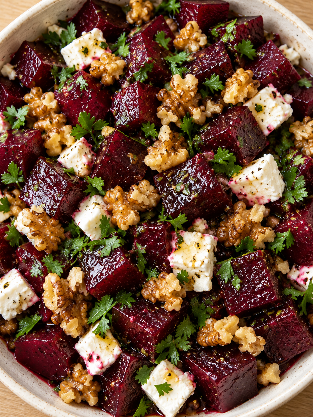 Rote-Bete-Würfel mit Feta, Walnüssen und Petersilie in einer hellen Salatschüssel