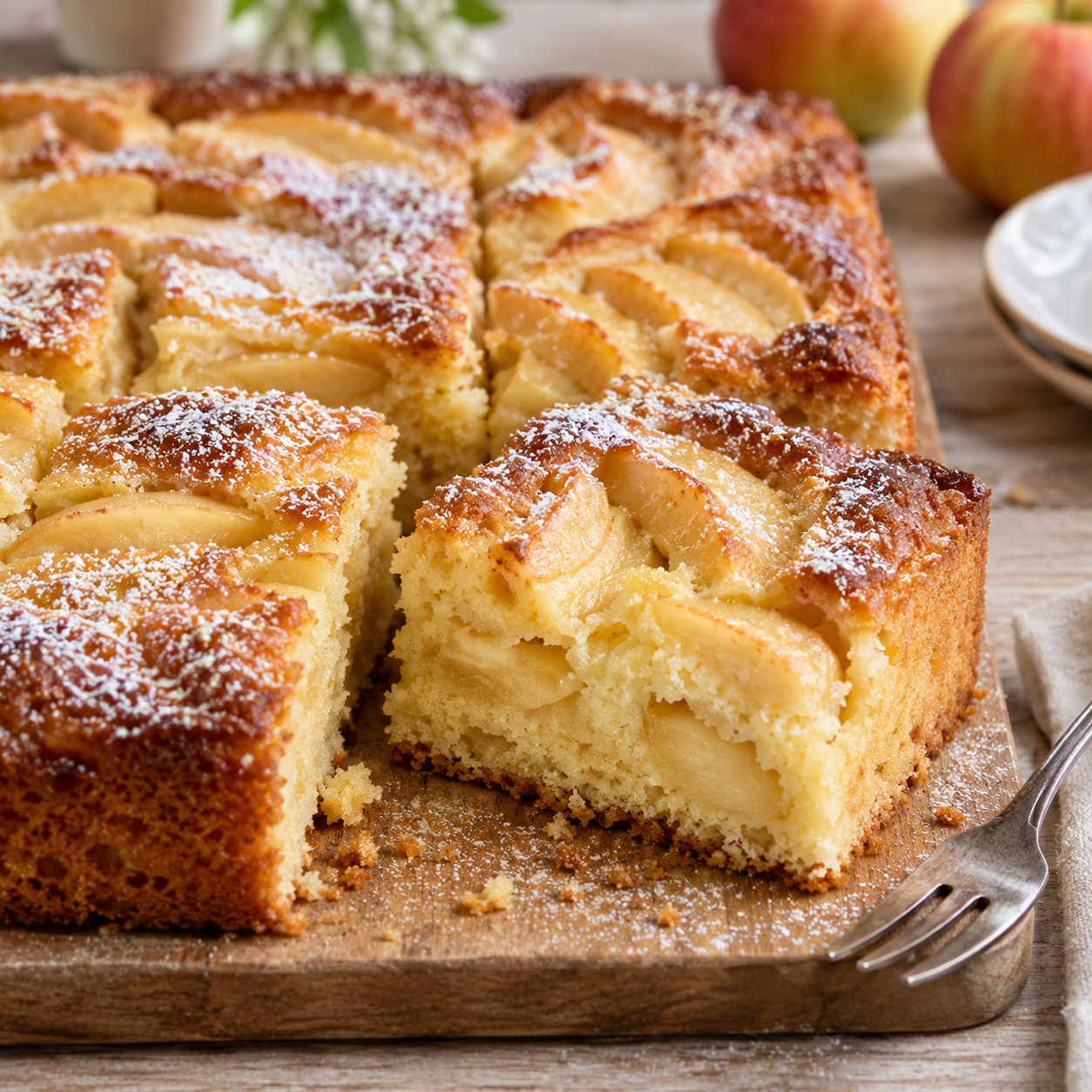 Saftiger Apfelkuchen mit Puderzucker und sichtbaren Apfelspalten