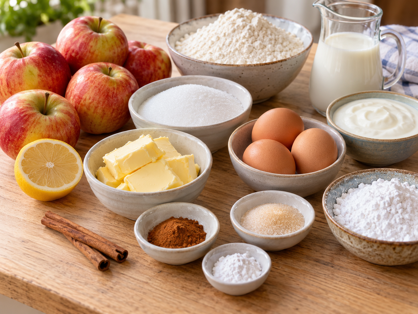 Zutaten für saftigen Apfelkuchen mit Äpfeln, Butter, Eiern und Mehl