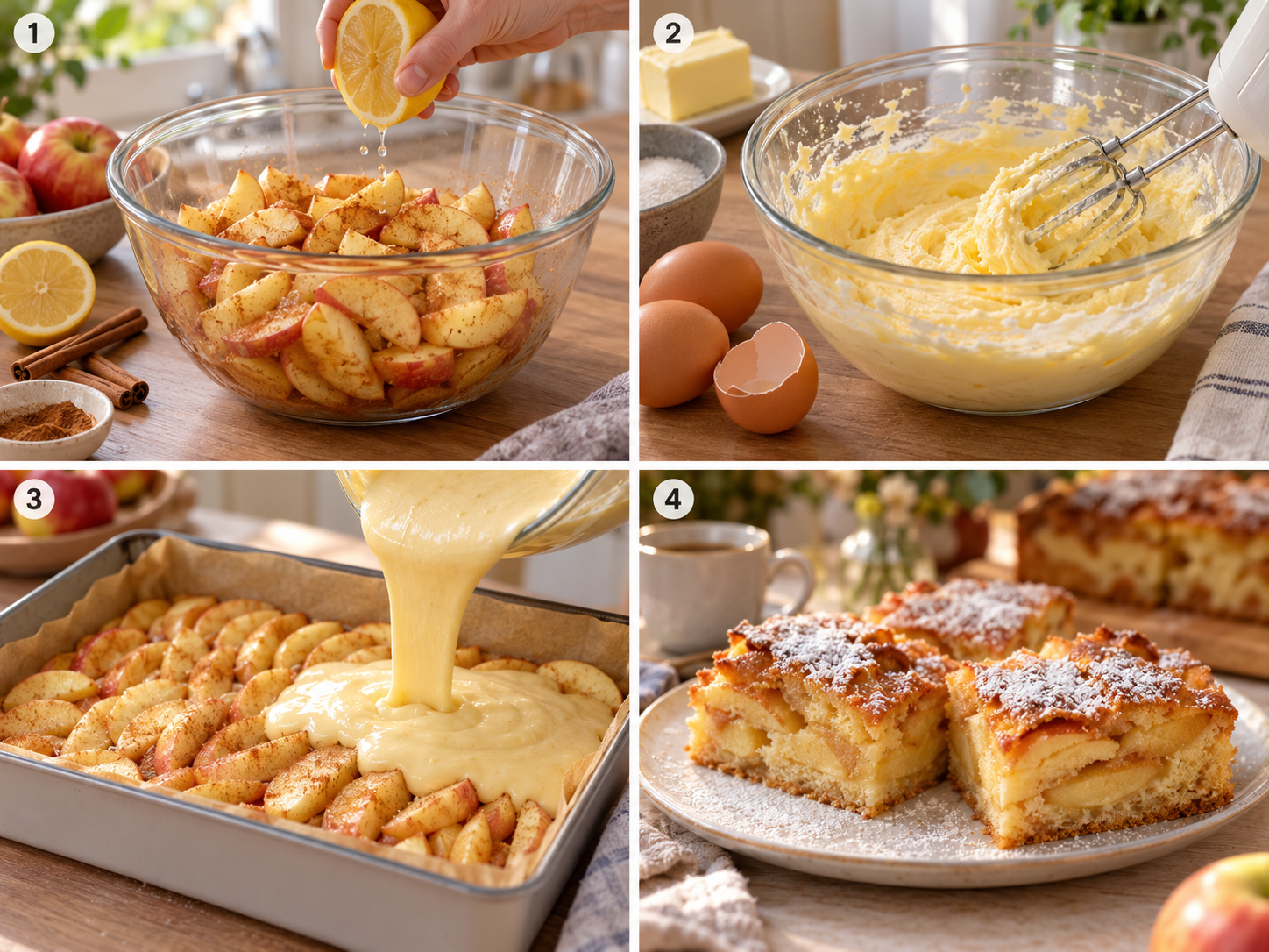 Vier Schritte für Apfelkuchen vom Schneiden der Äpfel bis zum Bestäuben