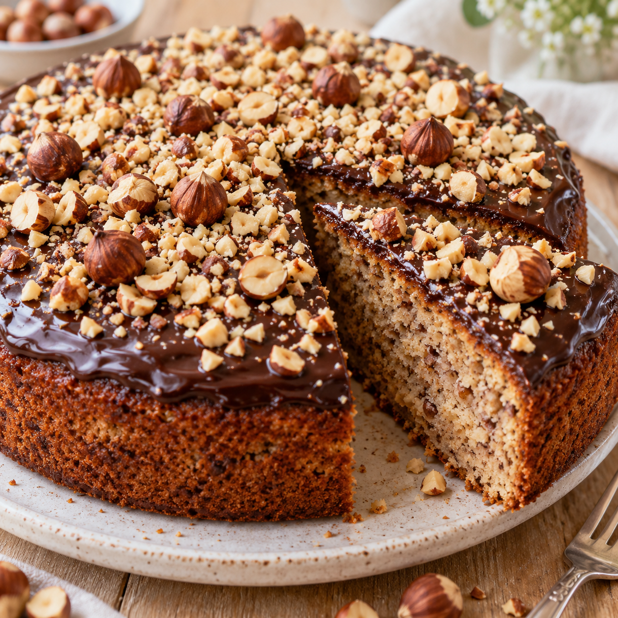 Runder Haselnusskuchen mit Schokoglasur und Haselnüssen