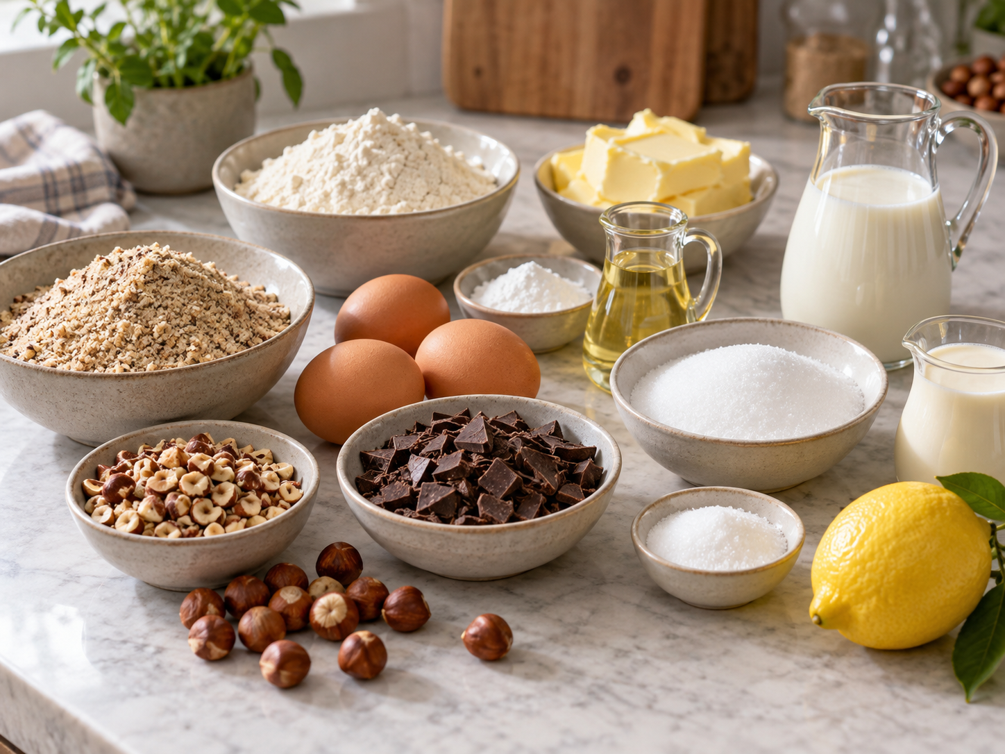 Zutaten für Haselnusskuchen mit Schokolade und Nüssen