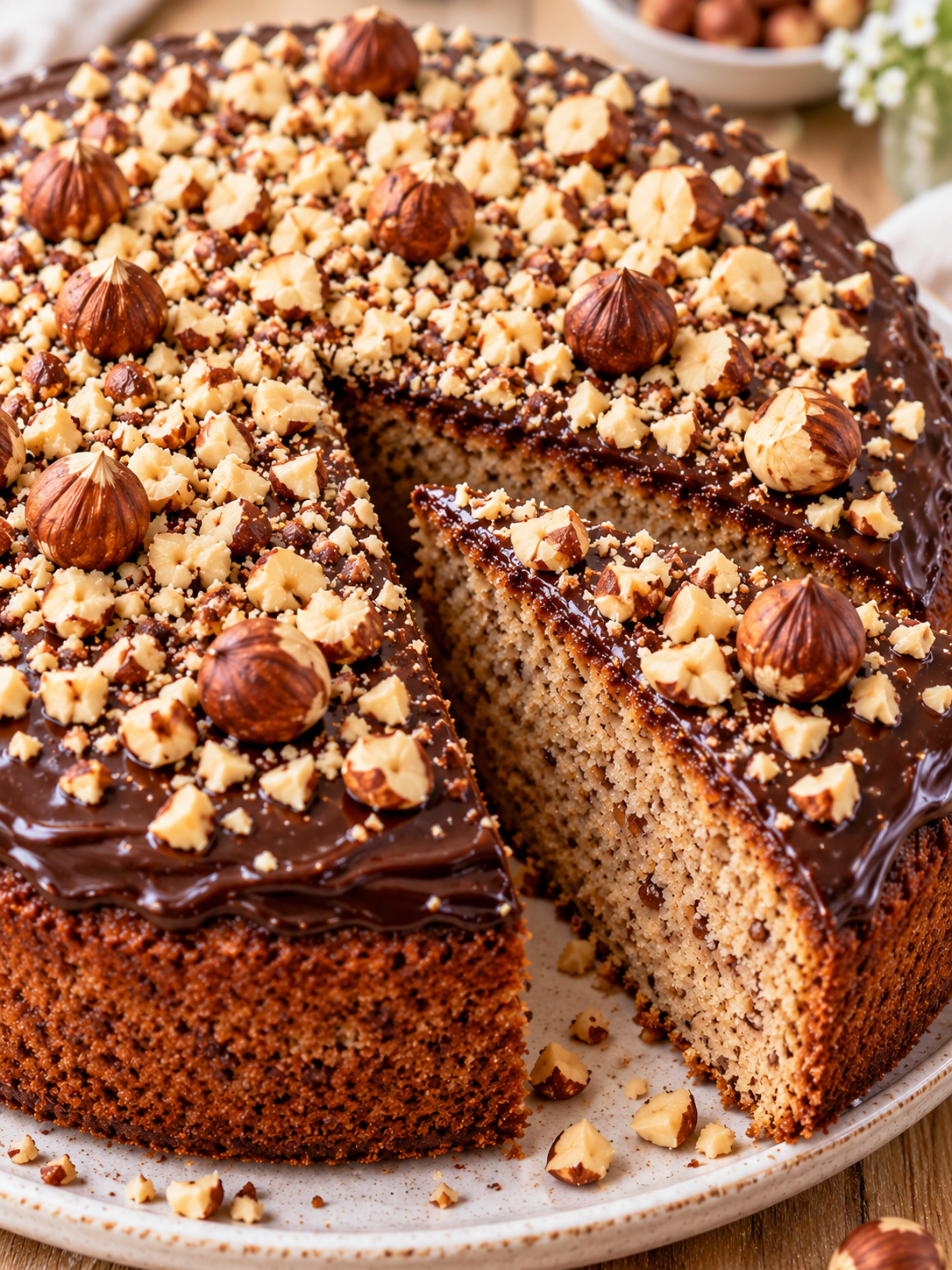 Saftiger Haselnusskuchen mit glänzender Schokoglasur und Nüssen