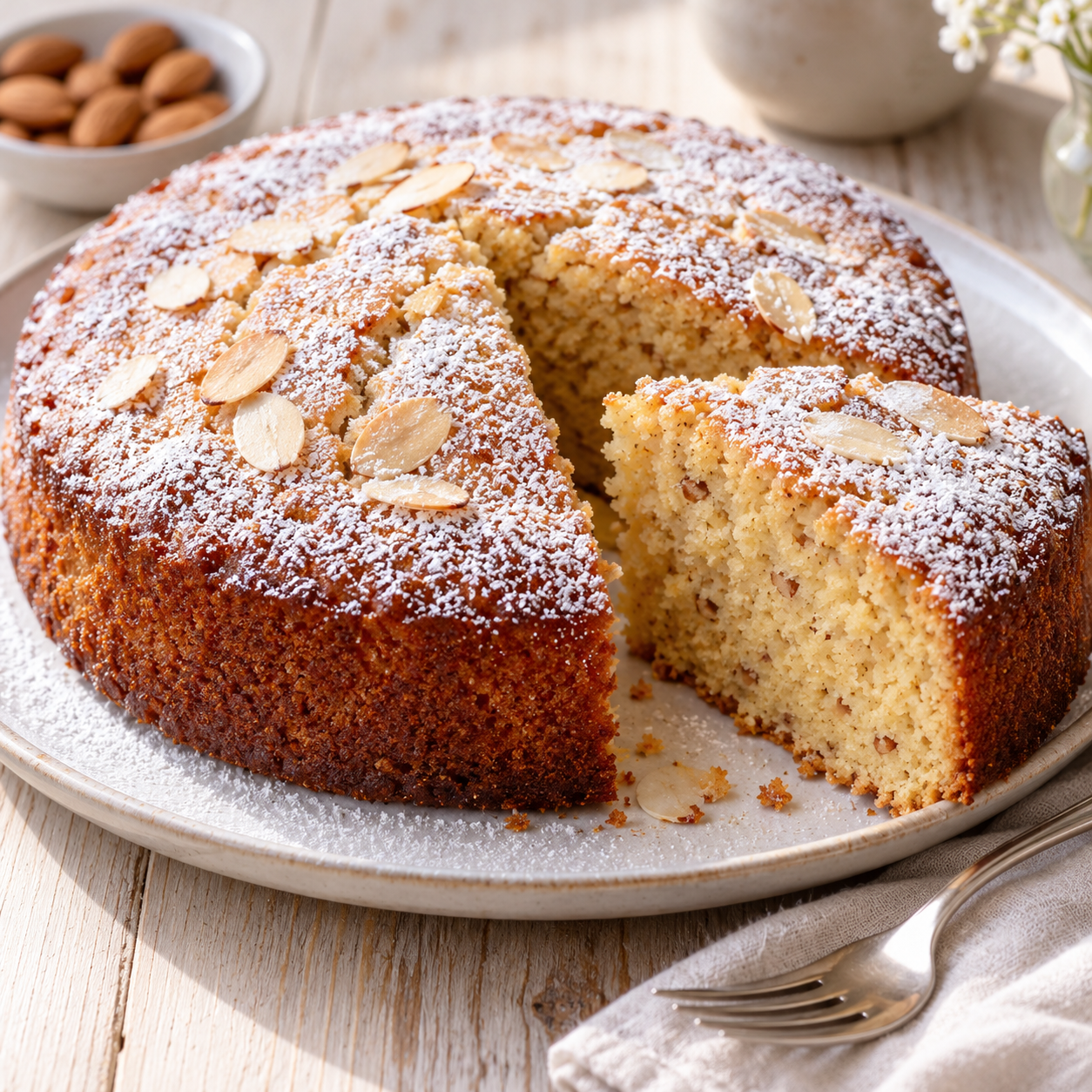 Runder Mandelkuchen mit Puderzucker und herausgeschnittenem Stück