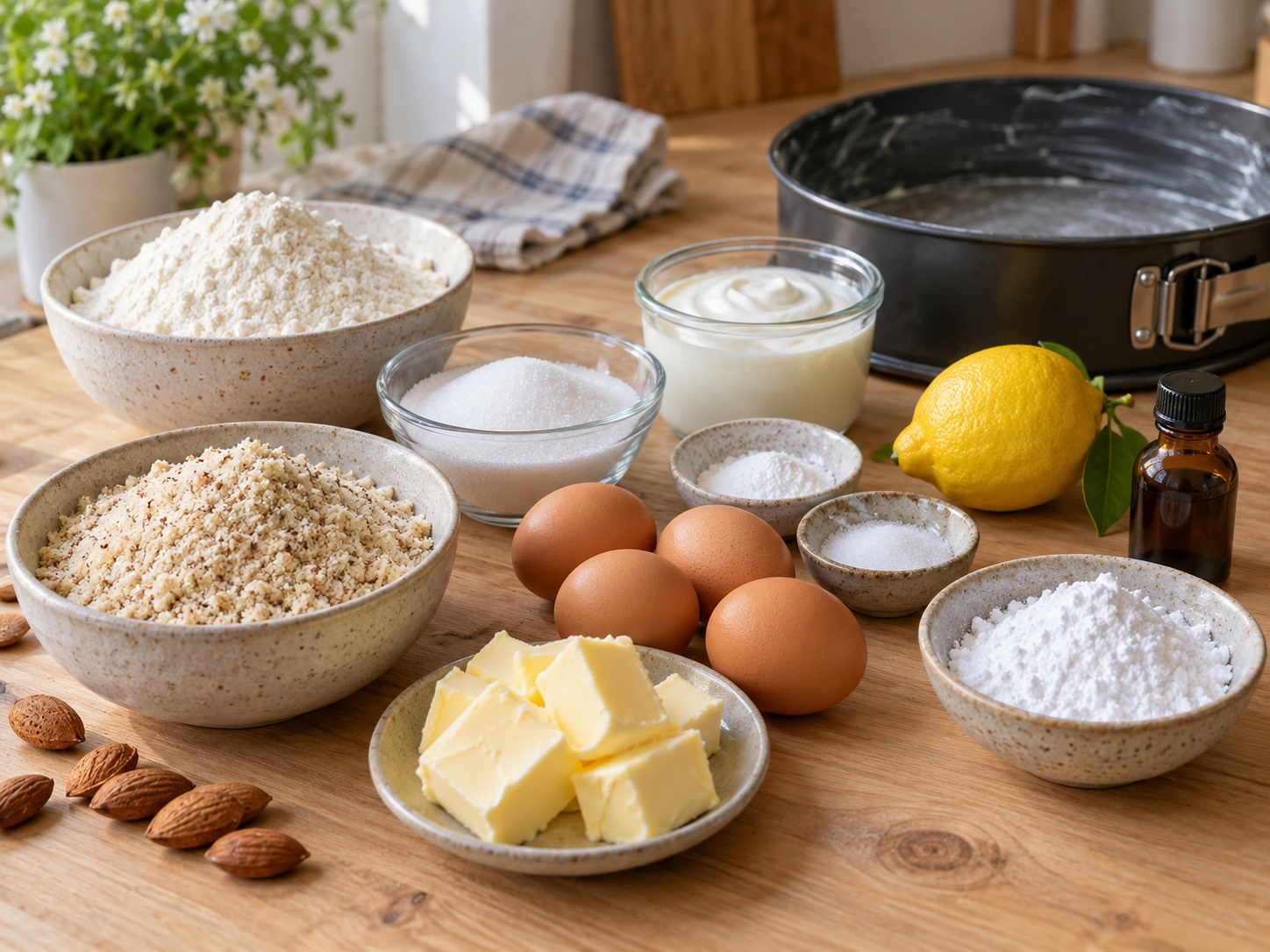Zutaten für Mandelkuchen mit Mandeln, Butter, Eiern und Joghurt