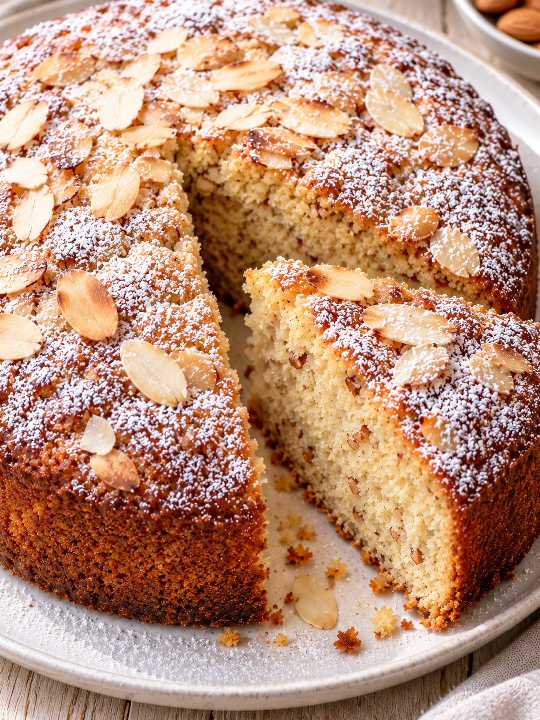 Saftiger Mandelkuchen mit Puderzucker und sichtbarer Mandelkrume