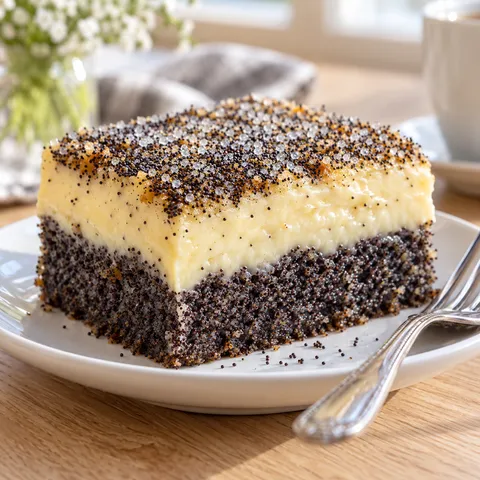 Mohn-Pudding-Kuchen mit heller Vanilleschicht und Mohnzucker
