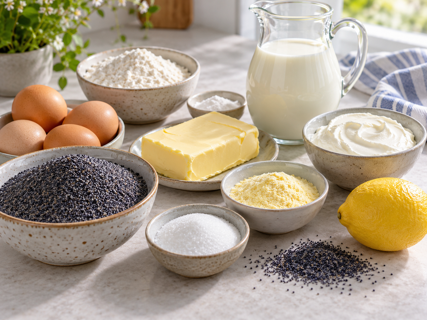 Zutaten für Mohn-Pudding-Kuchen mit Mohn, Milch, Eiern und Schmand