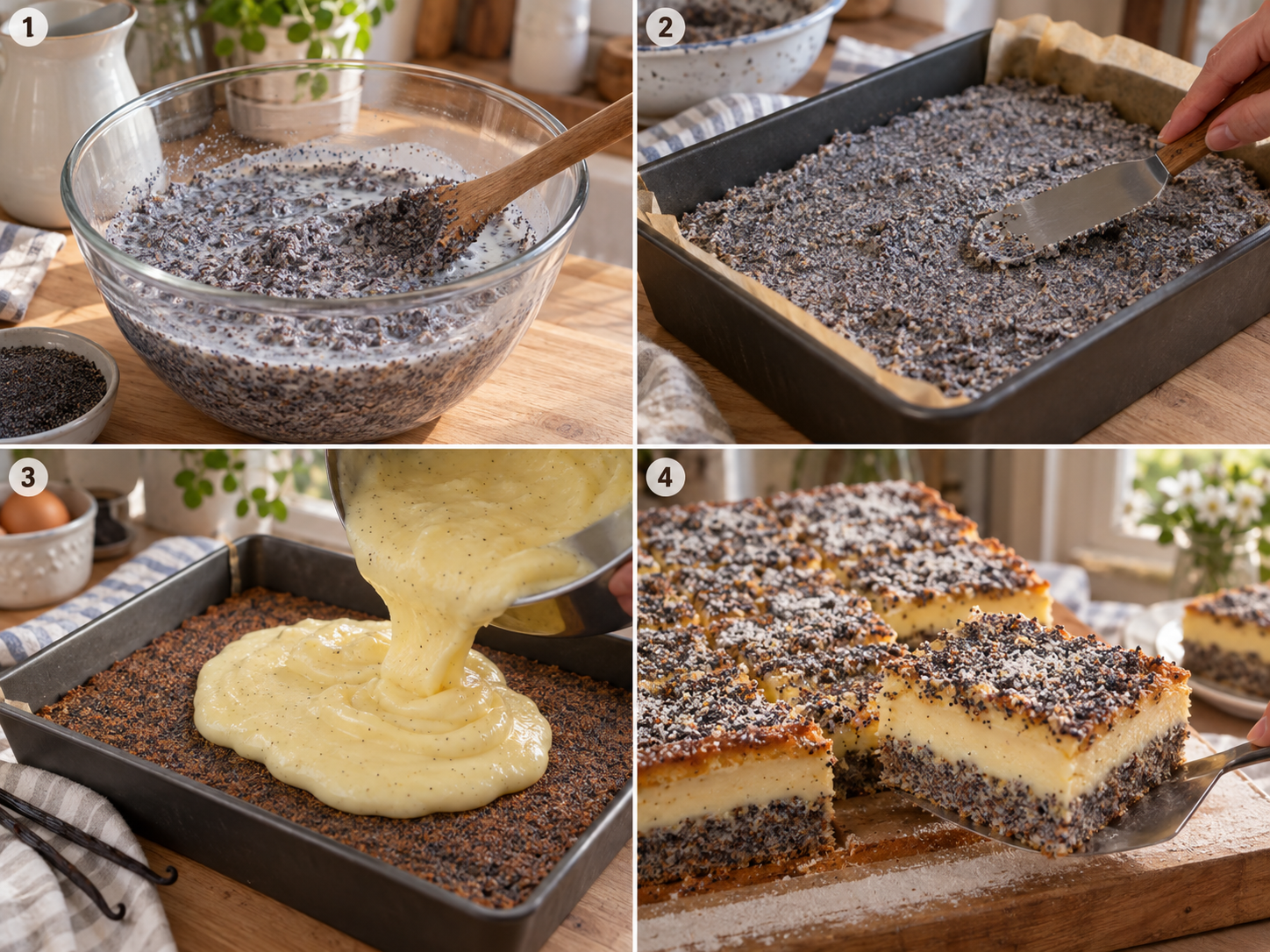 Vier Backschritte für Mohn-Pudding-Kuchen mit Puddingdecke