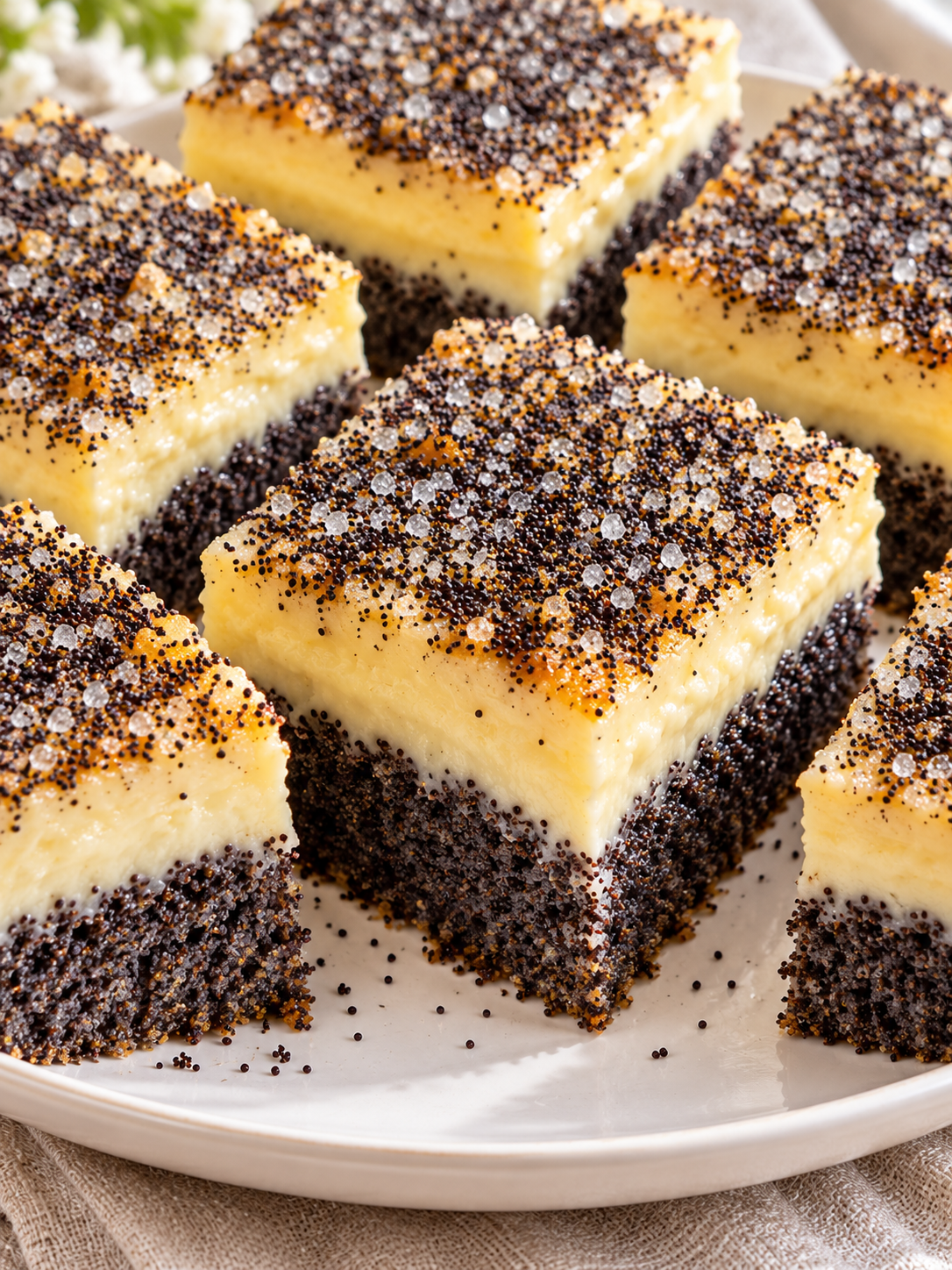 Stücke von Mohn-Pudding-Kuchen mit heller Vanilledecke
