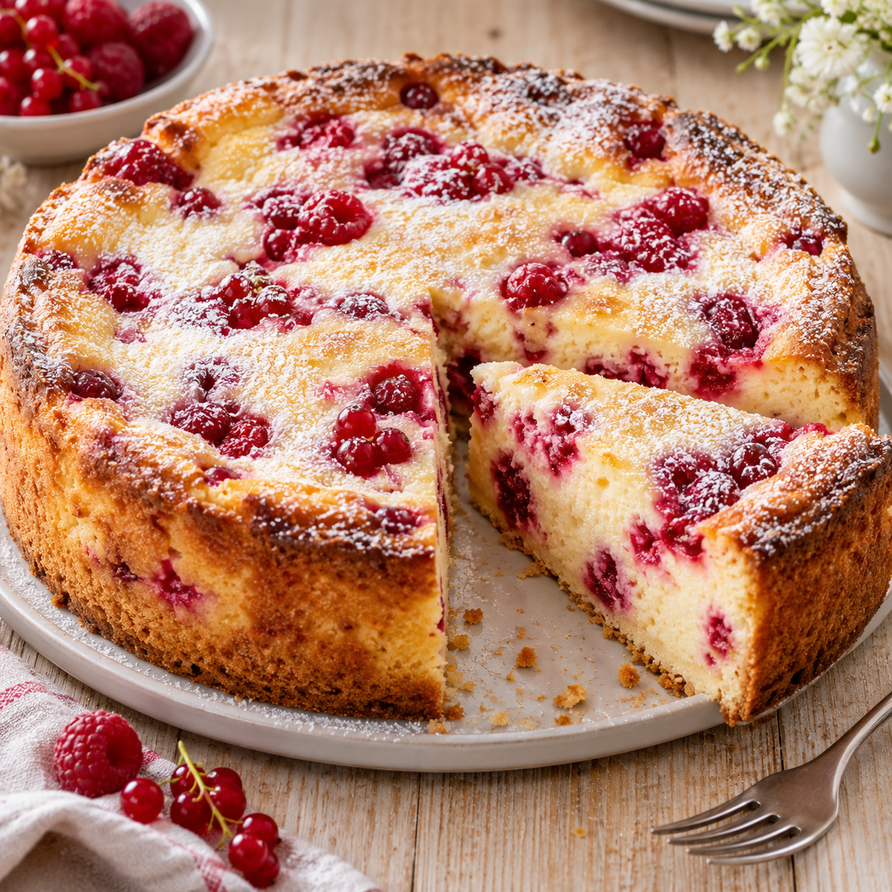 Saftiger Quarkkuchen mit roten Früchten und Puderzucker