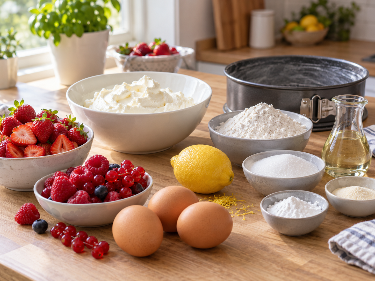 Zutaten für Quarkkuchen mit Früchten auf hellem Holz