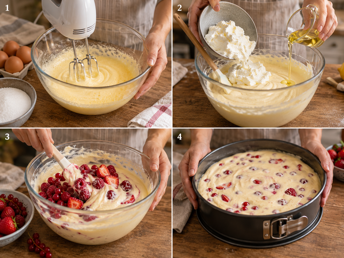 Vier Schritte für Quarkkuchen mit Früchten in der Springform
