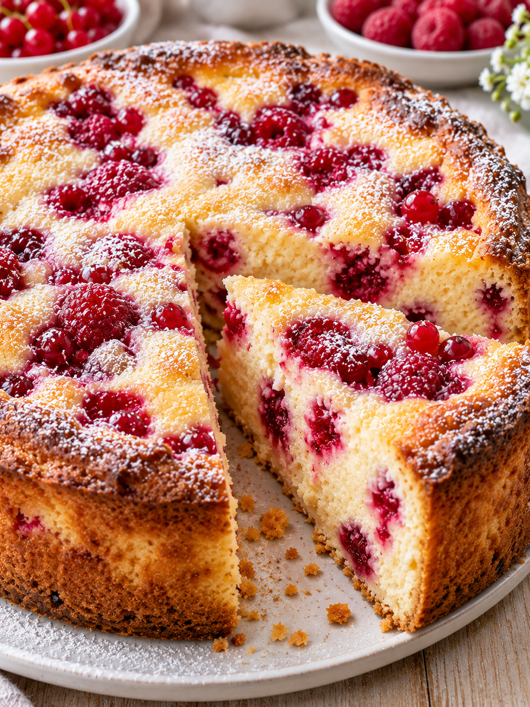 Angeschnittener Quarkkuchen mit roten Früchten und Puderzucker