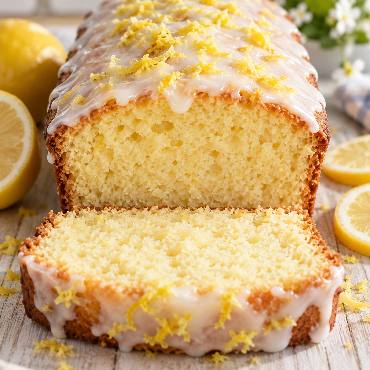 Saftiger Zitronenkuchen mit Zitronenguss und feiner heller Krume