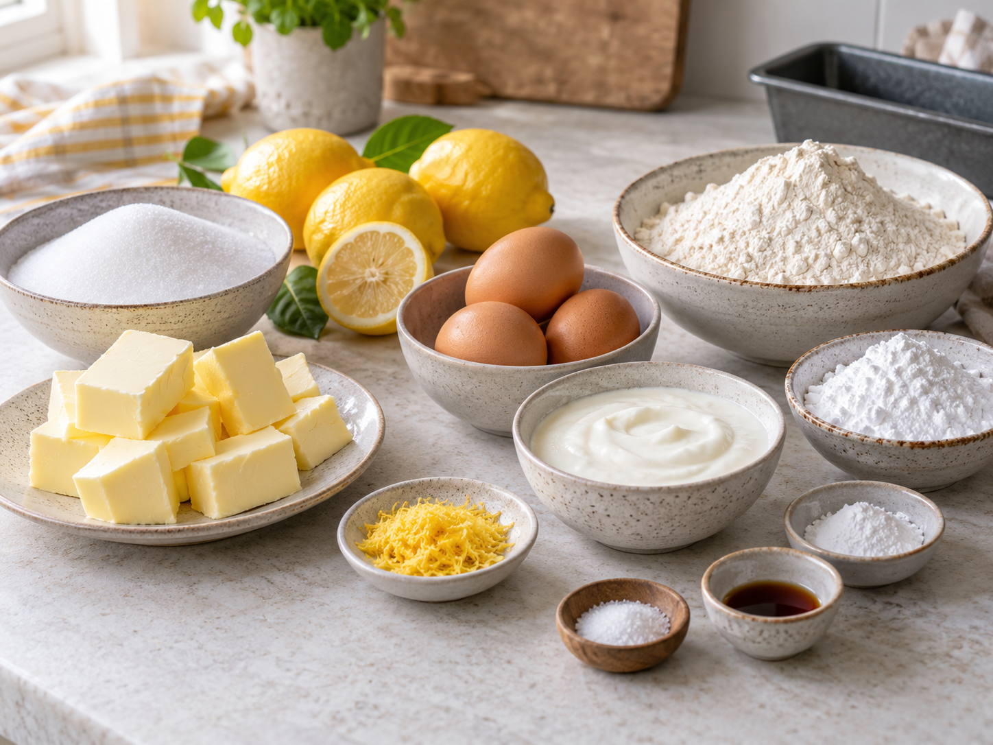 Zutaten für Zitronenkuchen mit Butter, Zitronen, Eiern und Joghurt