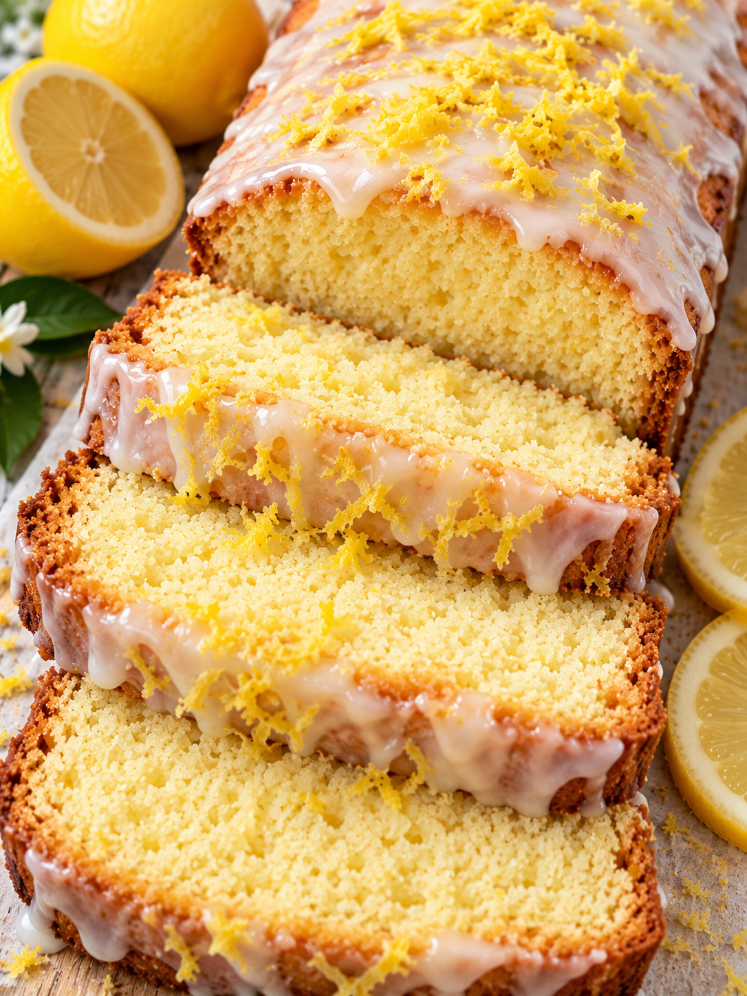 Zitronenkuchen in dicken Scheiben mit weißem Guss und Zitronenabrieb